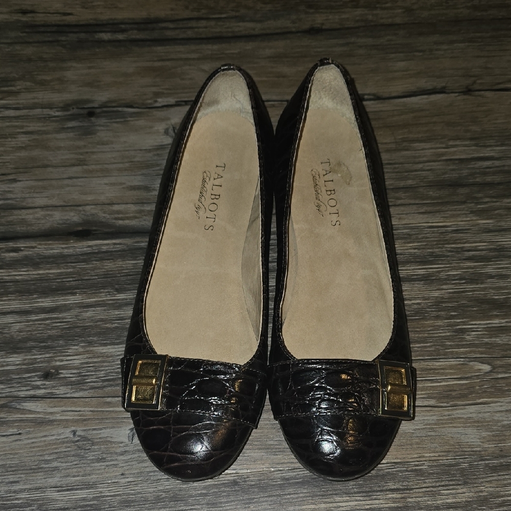 Talbots Dark Brown Croc-Embossed Loafers with Brass Buckle